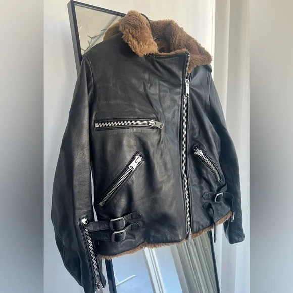 All Saints Black Leather Jacket with Brown Shearling - Picture 5 of 5